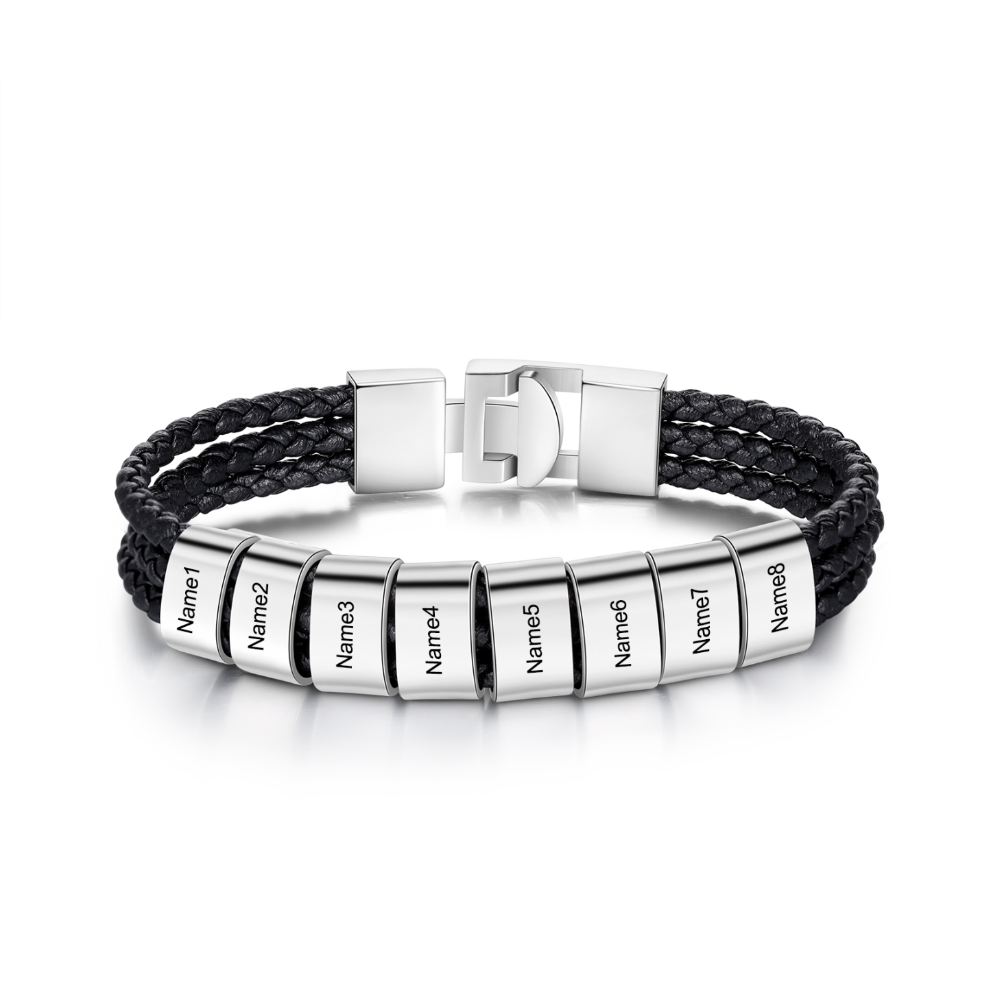 Personalisierte Herren schwarz geflochtenes Leder Armbänder mit 3 Namen Perlen