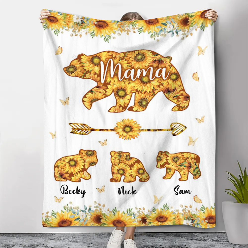 Personalisierbare 3 Namen Sonnenblume Mama Bär Decke - Geschenk für Mutter