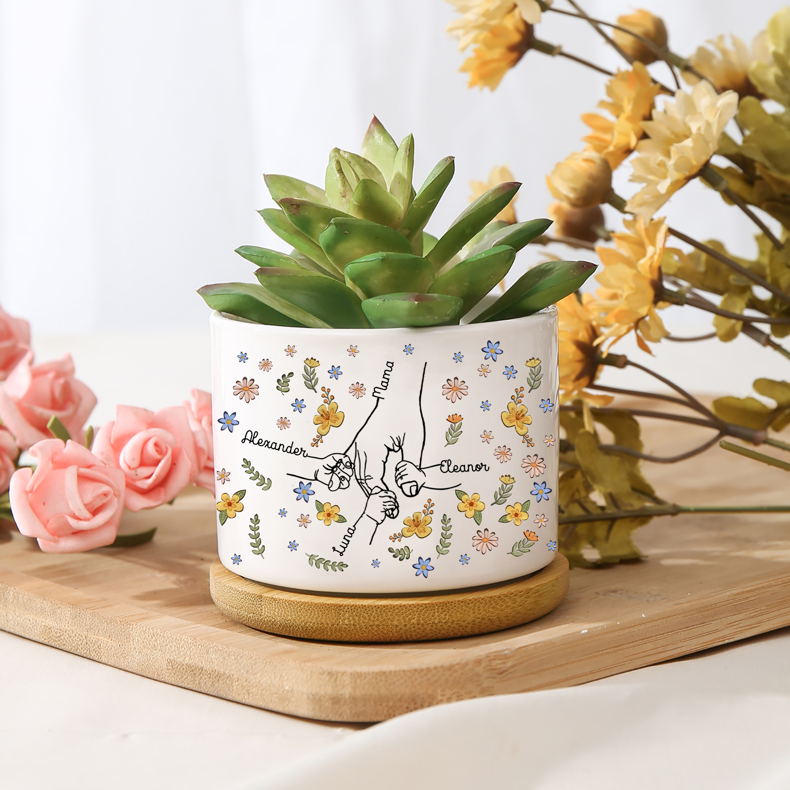 Personalisierbarere 4 Namen Bunte Blume Hand in Hand Blumentopf