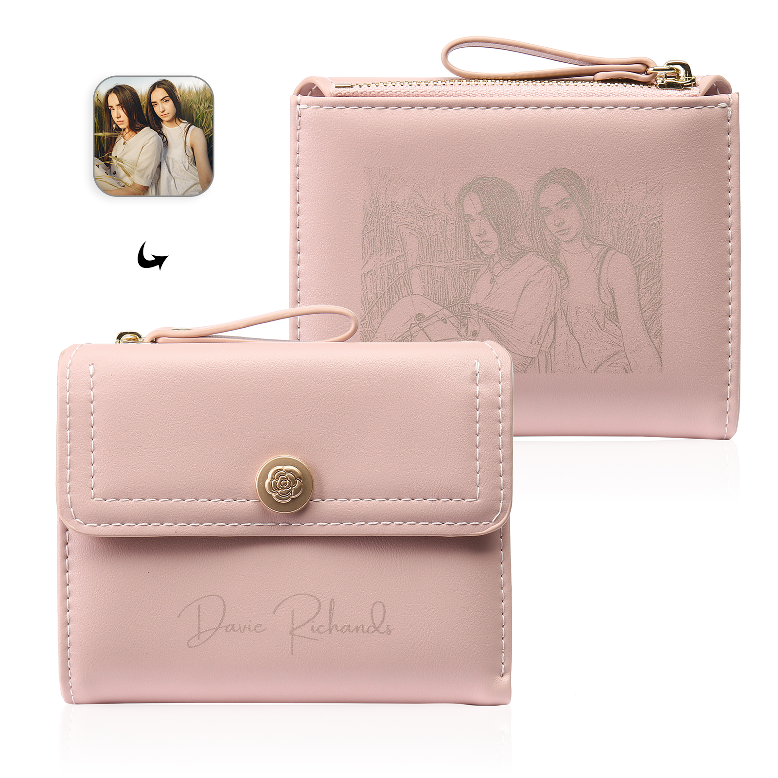 Damen Personalisierter Text & Foto PU Leder Klapp-Portemonnaie Geldbörse mit Reißverschluss