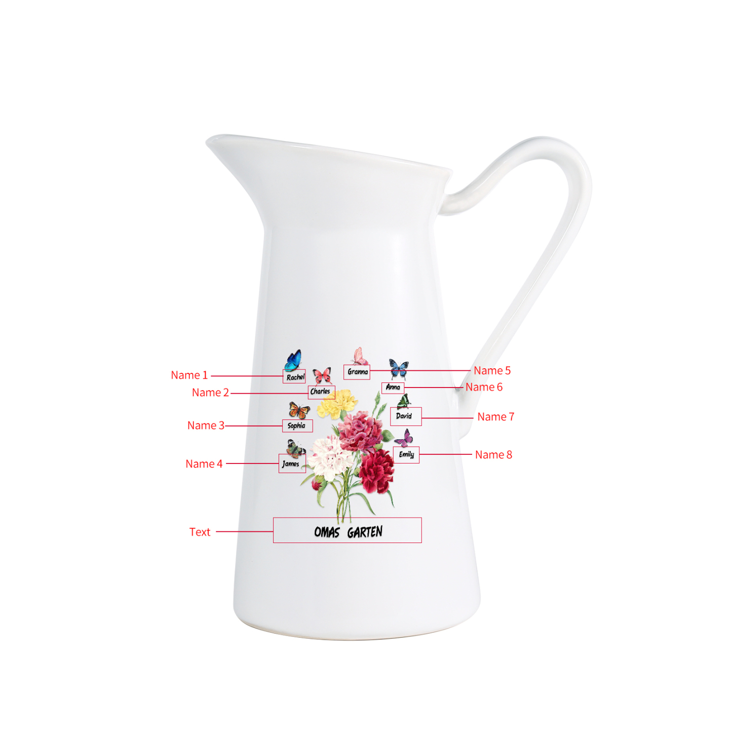 Personalisierte 8 Namen & Text Blumen & Schmetterling Gießvase mit Henkel Familie Vase