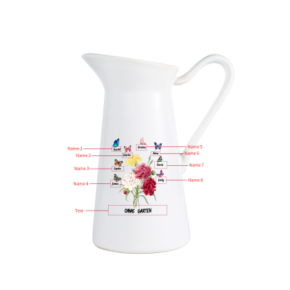 Personalisierte 8 Namen & Text Blumen & Schmetterling Gießvase mit Henkel Familie Vase