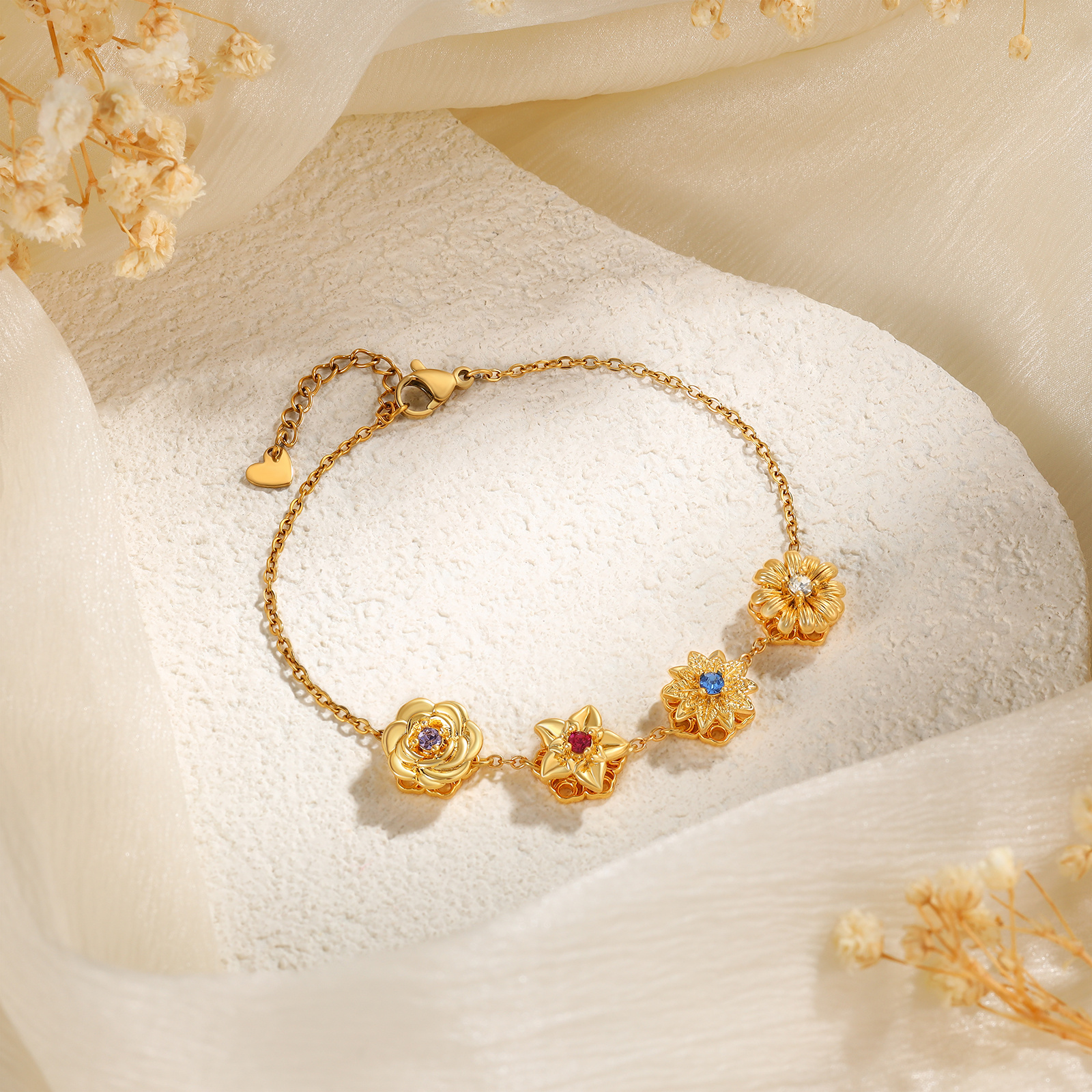 Personalisiertes Damenarmband mit 2-4 Geburtssteinen und Geburtsblumen, drehbares Armband für Damen