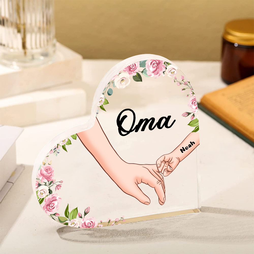Personalisierter 1 Name & Text Hand in Hand Acryl-Deko-Schreibtischdekoration für Großmutter