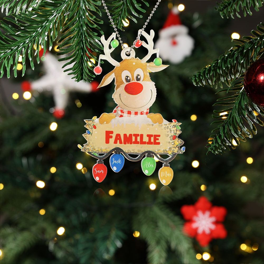 Acryl Personalisierte 4 Namen & Text Rentier Weihnachtsornament Weihnachtsbaum Anhänger