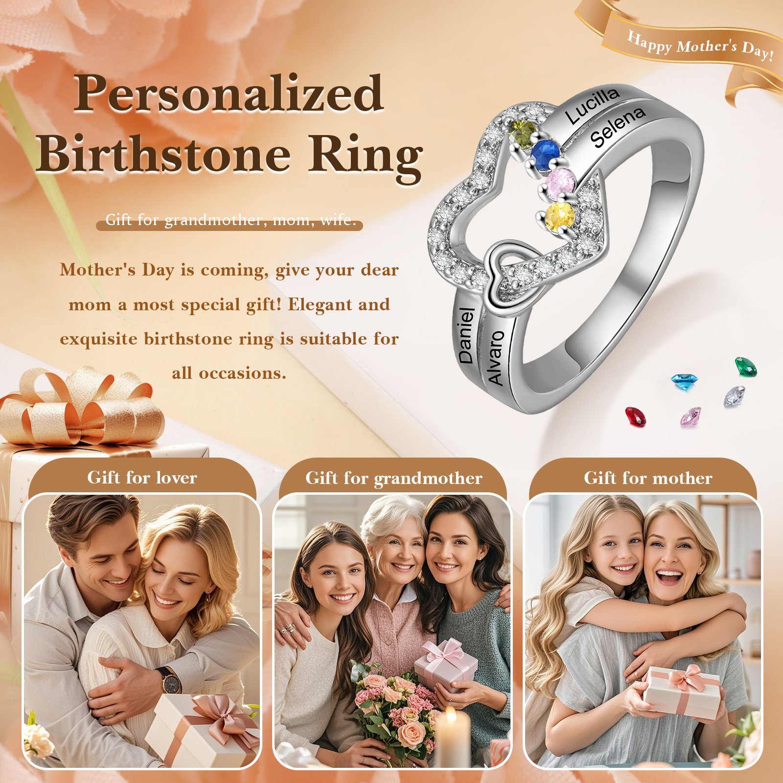 Personaliesierter Doppelherz-Ring mit 2-4 Geburtssteinen & 2-4 Namensgravur