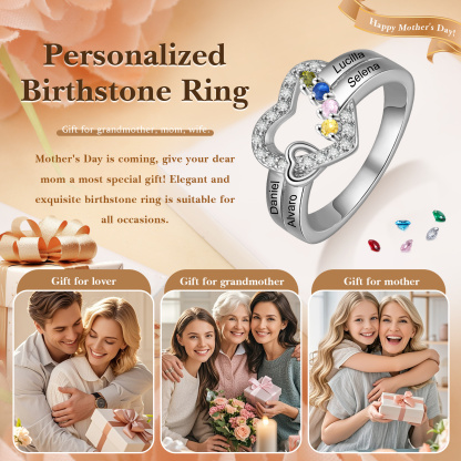 Personaliesierter Doppelherz-Ring mit 2-4 Geburtssteinen & 2-4 Namensgravur