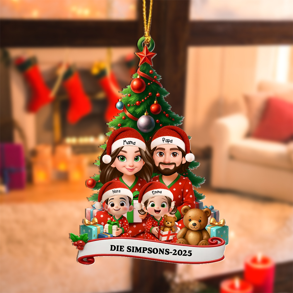 Personalisierter Christbaumschmuck im Familien-Pyjama-Stil mit 1–6 Namen