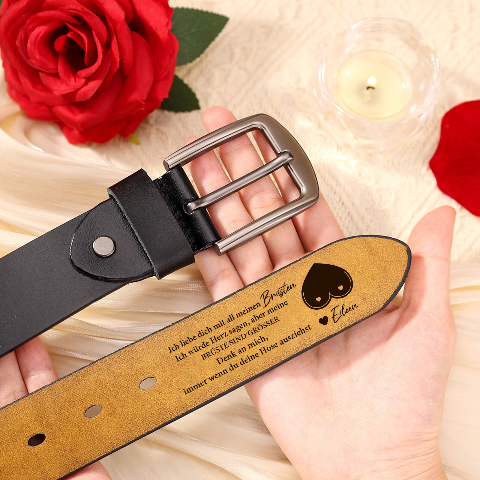 Personalisierter Herrenledergürtel mit geheimer Liebesbotschaft innen, graviertes Rindsleder