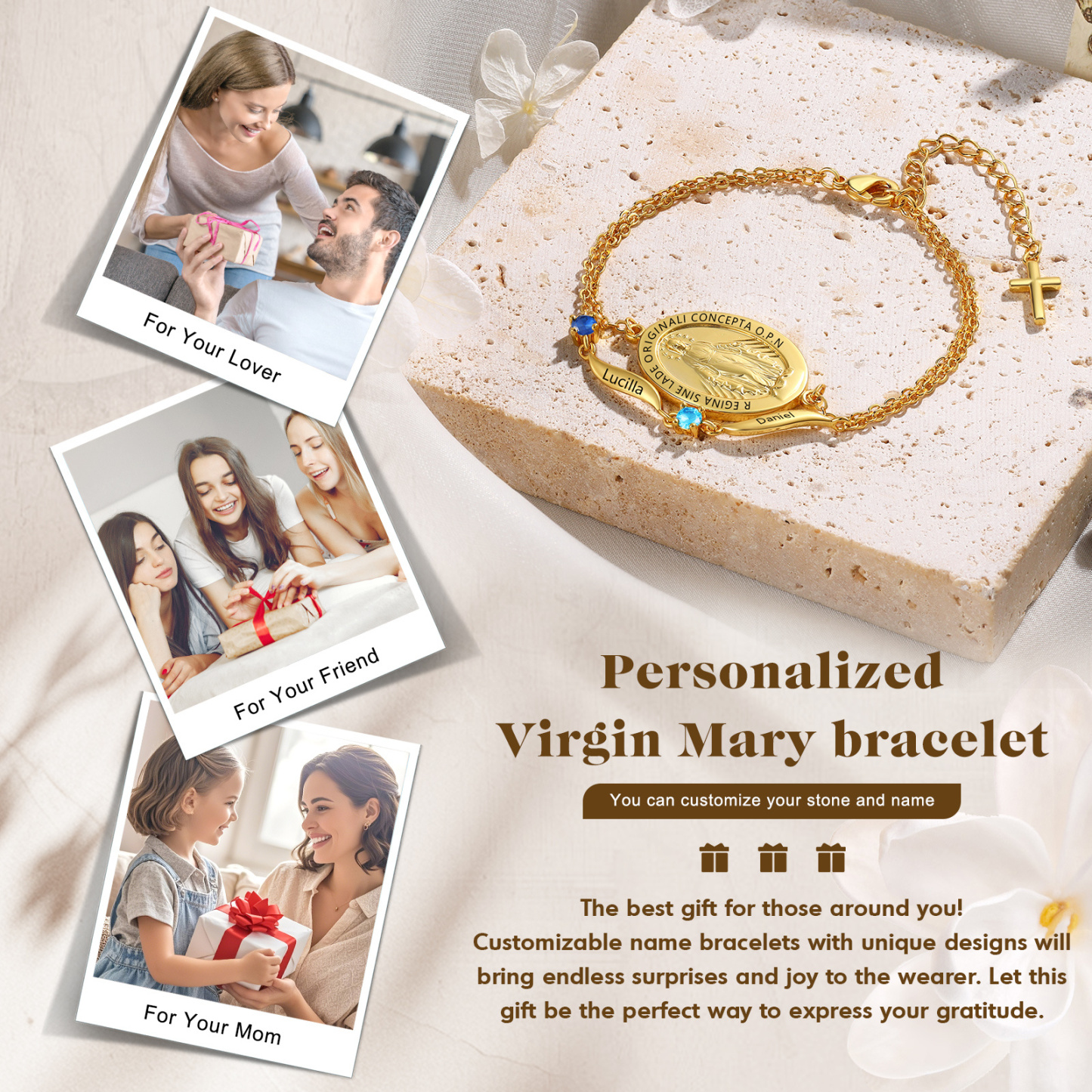 Maria-Kreuzarmband mit Namen & Geburtsstein