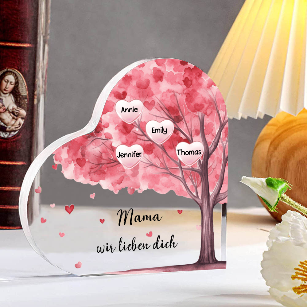 Personalisierte 4 Namen & Text Rosa Familienbaum Familie Acryl-Deko Schreibtischdekoration für Mutter