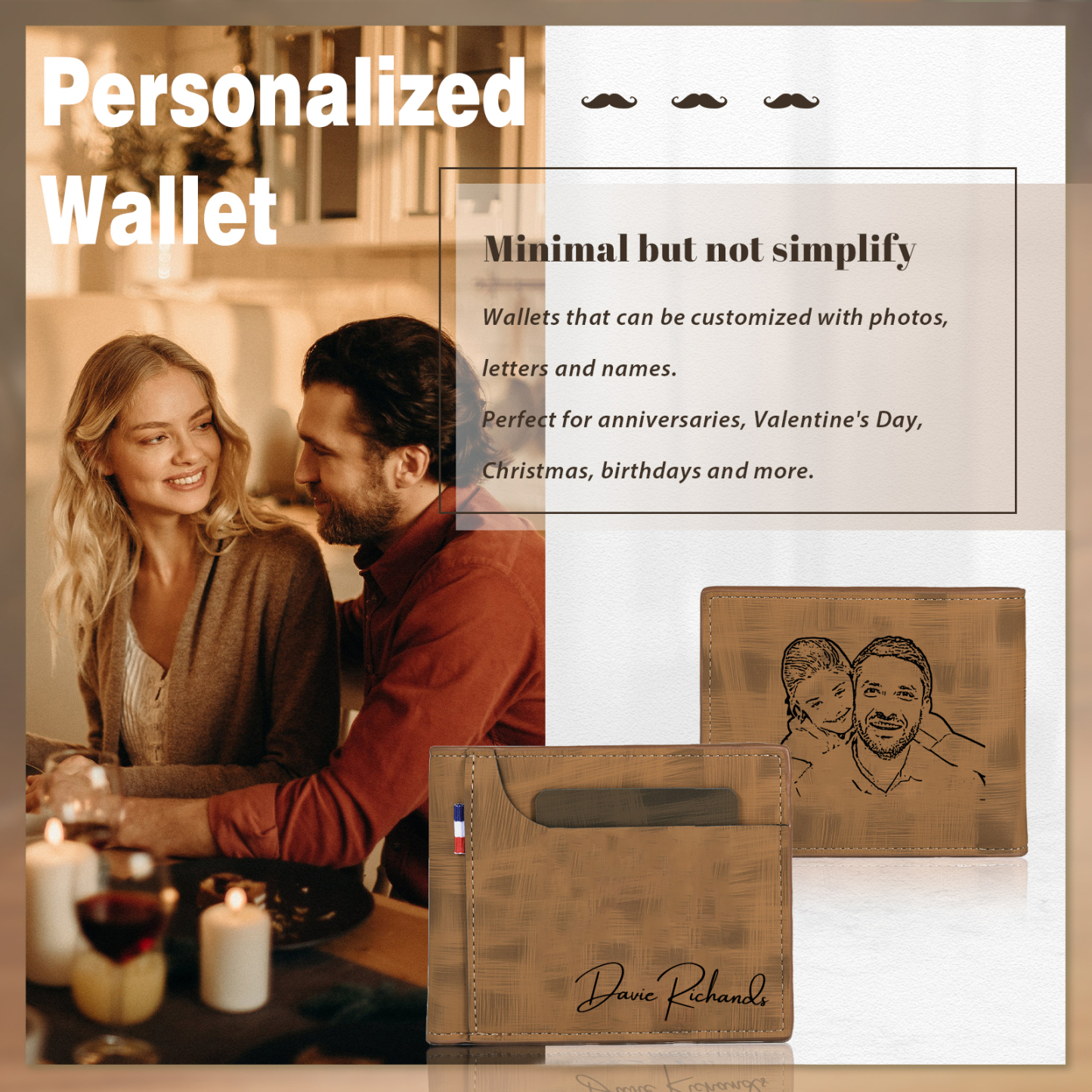 Personalisierte Foto & Text Geldbörse & Foto & 2 Texte Leder Schlüsselanhänger & Foto Armband Geschenkpackung Geschenkset für Mann Freund