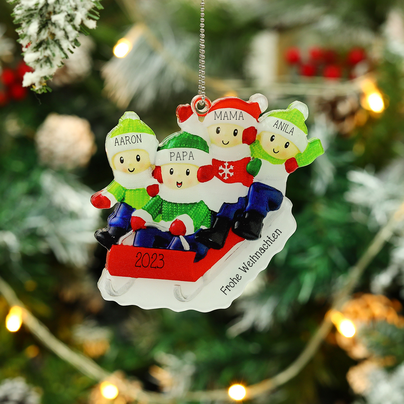 Acryl Personalisierte 4 Namen & Text & Jahr Schlitten Weihnachtsornament Weihnachtsbaum Anhänger