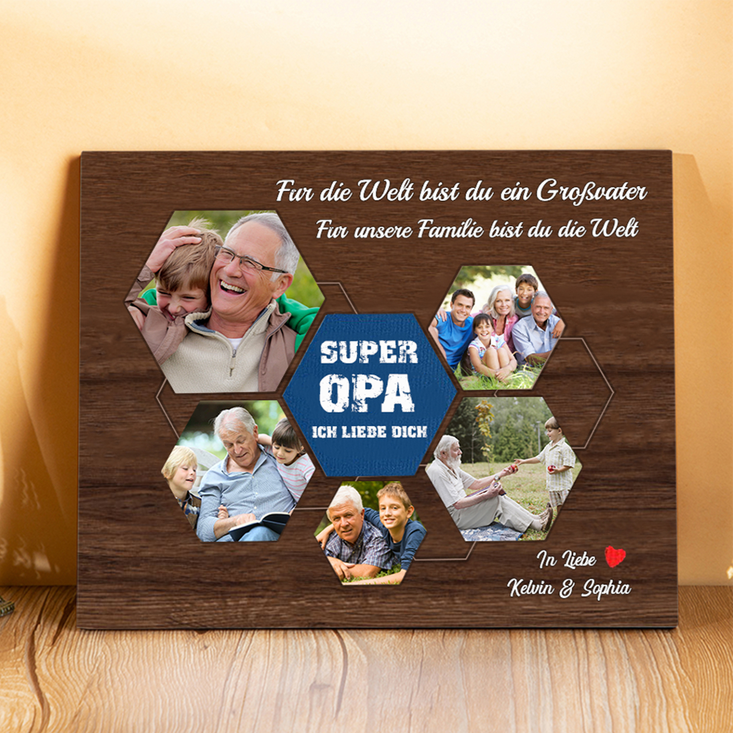 Opa Holzbild - Personalisierter Text & 5 Fotos-Super Opa Ich liebe dich-Holzdekoration