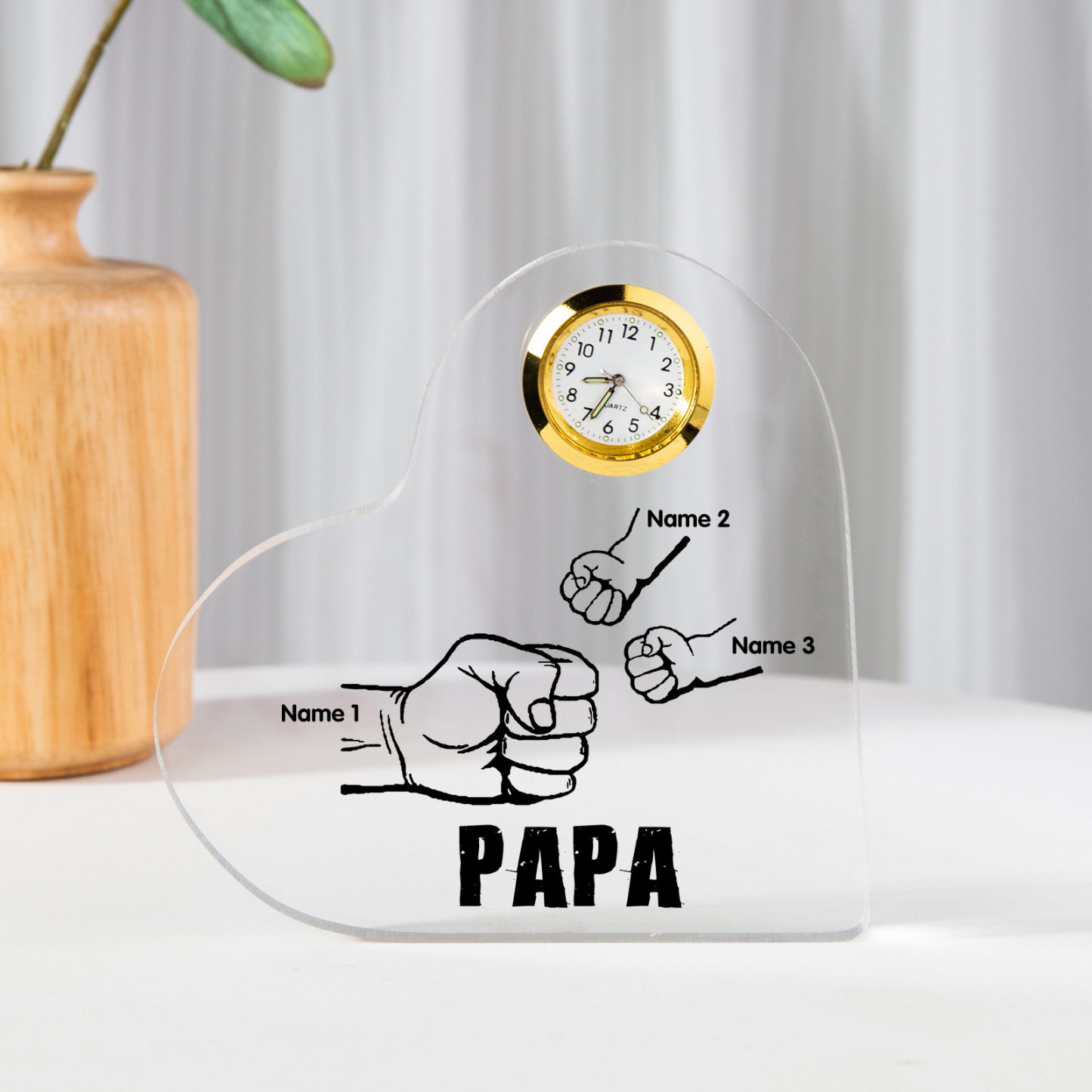 Acryl-Deko mit Uhr Personalisierte 3 Namen Papa Faust Schreibtischdekoration für Vater