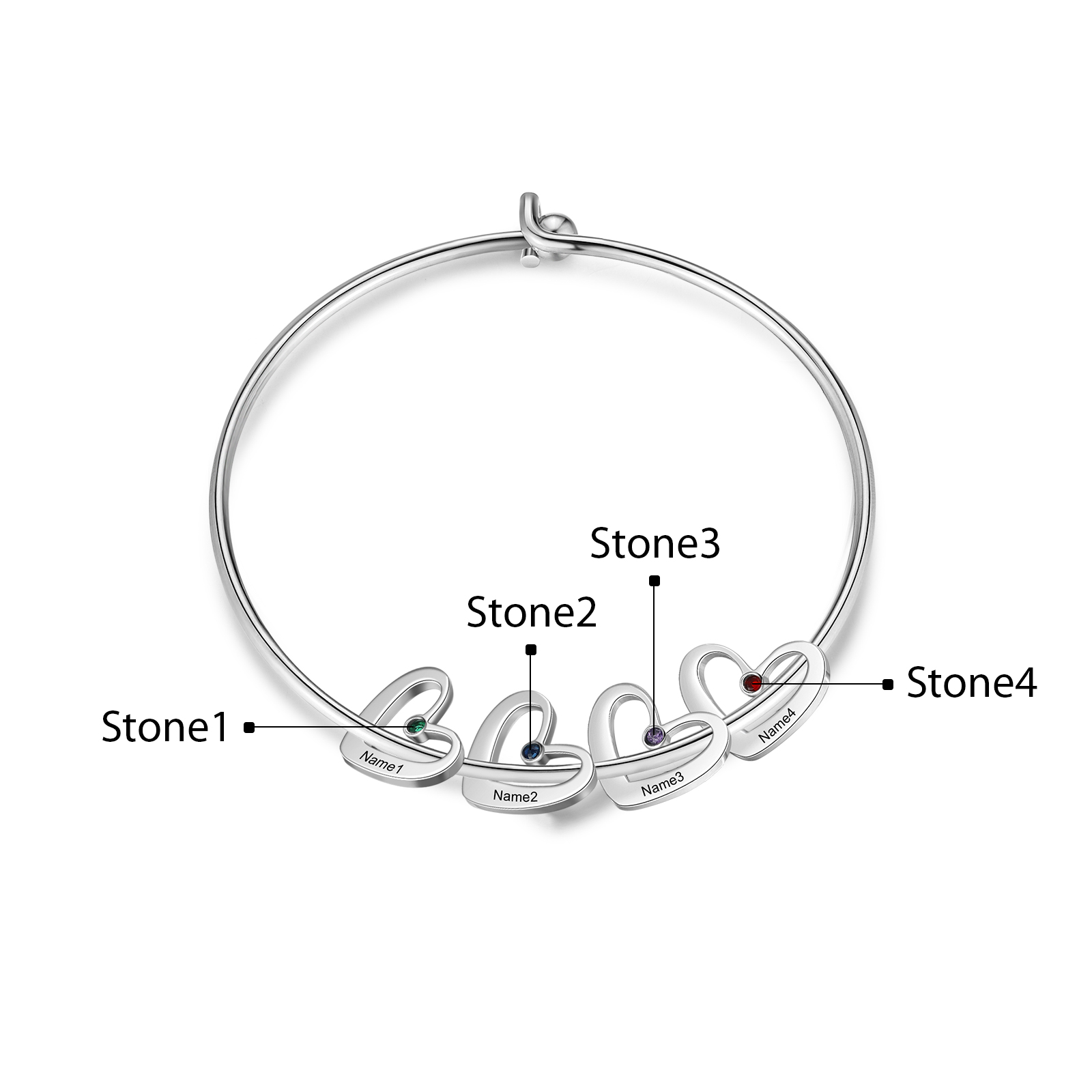 Benutzerdefinierte 4 Namen Herz Charme Armband mit 4 Geburtssteinen