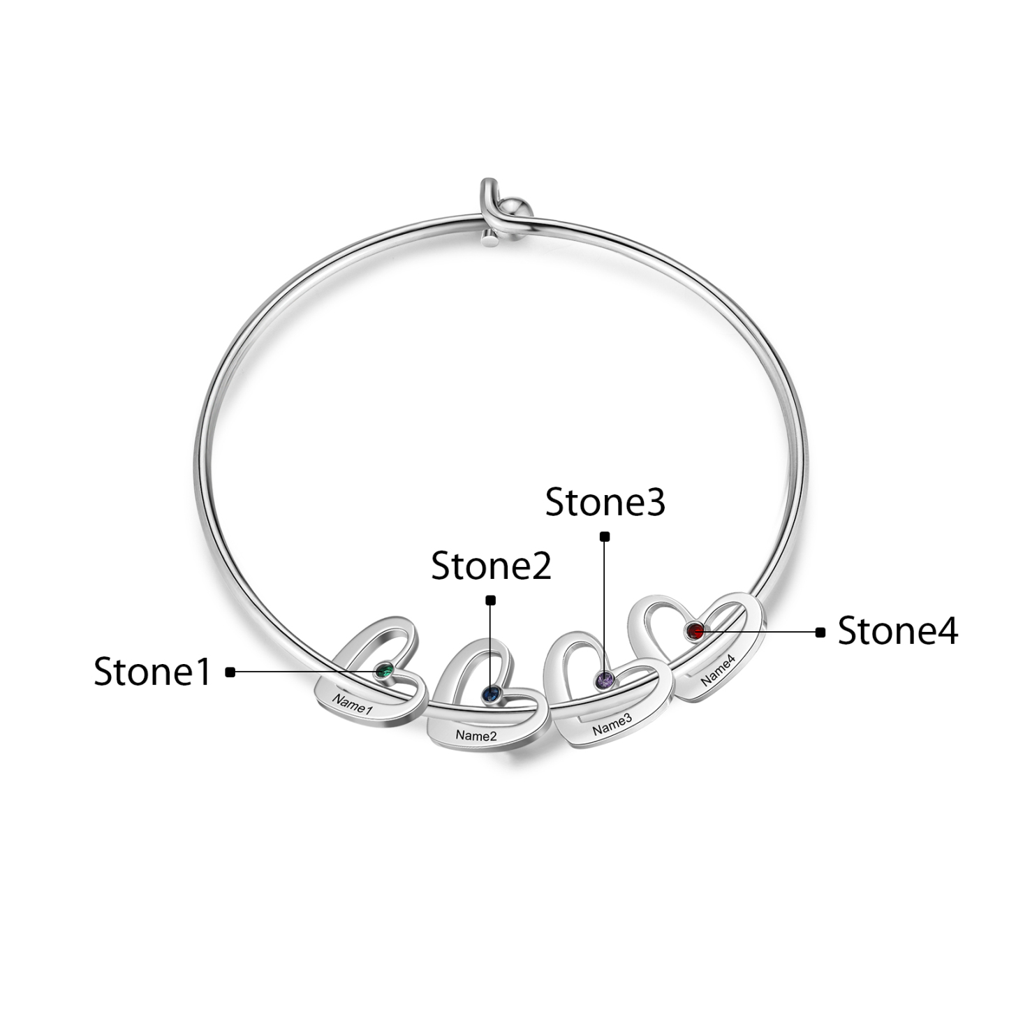 Benutzerdefinierte 4 Namen Herz Charme Armband mit 4 Geburtssteinen