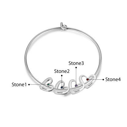 Benutzerdefinierte 4 Namen Herz Charme Armband mit 4 Geburtssteinen