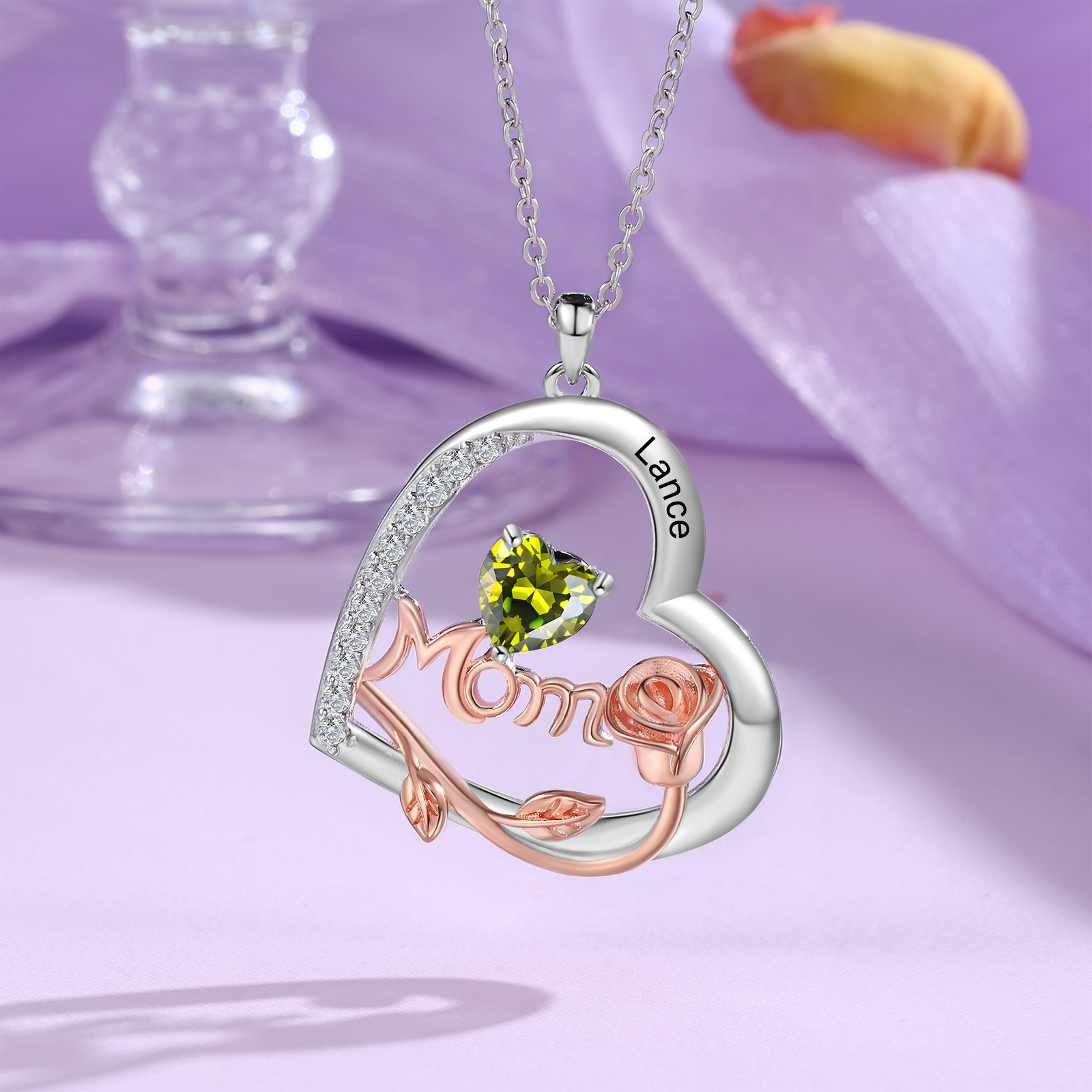 Personalisierter 1 Name Herz Rose Gravur "MOM" Halskette mit 1 Geburtsstein