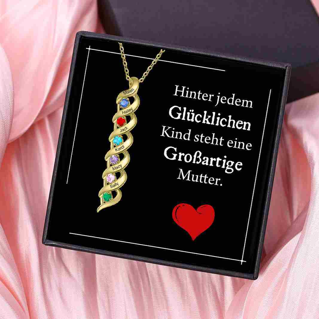 Personalisierte DNA-Halskette mit 2–7 Namen und Geburtssteinen – Bedeutungsvolles Geschenk mit Nachrichtenkarte