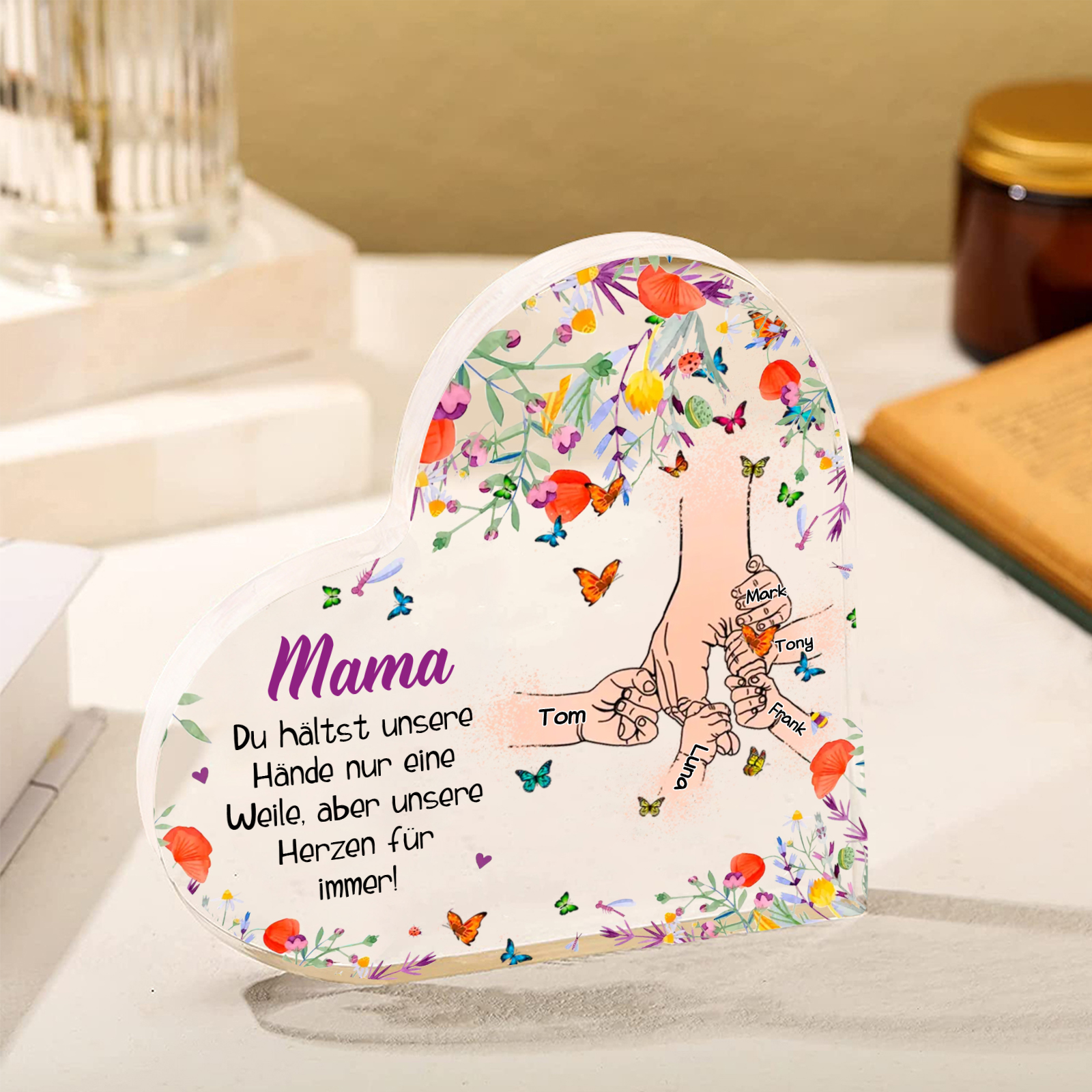 Personalisierte 5 Namen Herz Acryl-Deko -Mama Du hältst mein Hand nur eine Weile, aber unsere Herzen für immer- Schreibtischdekoration für Mutter