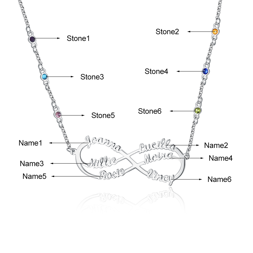 Benutzerdefinierte Unendlichkeit Infinity Halskette mit 6 Geburtssteinen und  6 Namen