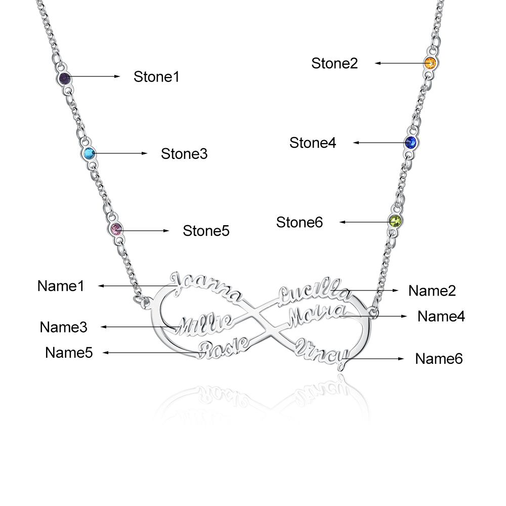 Benutzerdefinierte Unendlichkeit Infinity Halskette mit 6 Geburtssteinen und  6 Namen