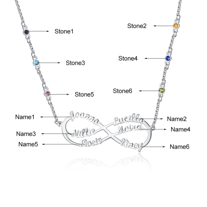 Benutzerdefinierte Unendlichkeit Infinity Halskette mit 6 Geburtssteinen und  6 Namen