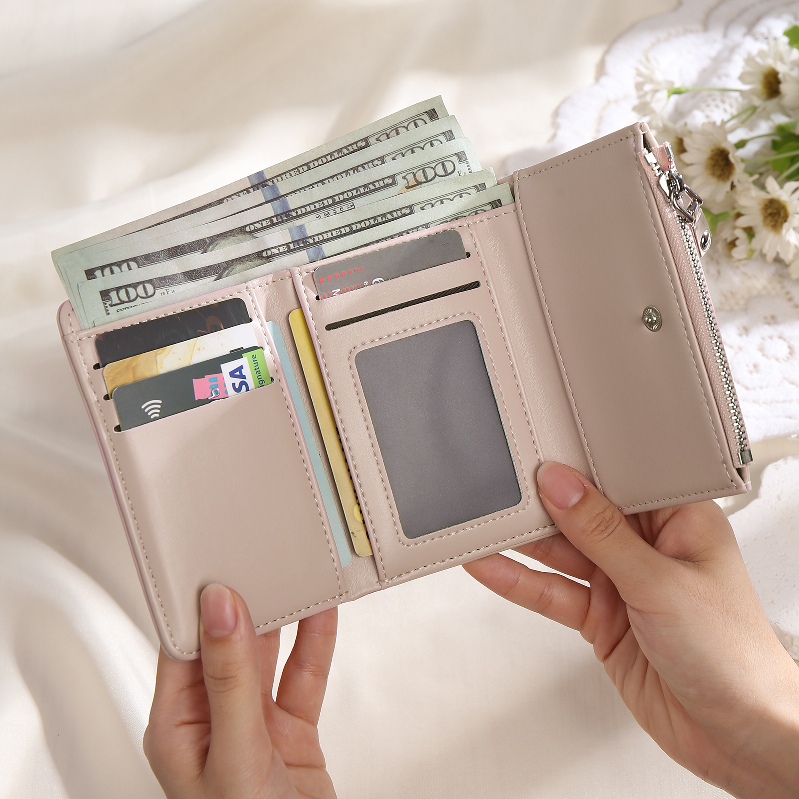 Damen Personalisierter Text & Foto PU Leder Geldbörse Mehrere Mezzanine Portemonnaie mit Reißverschluss