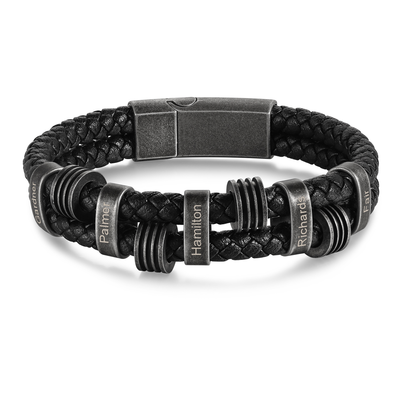 Herren Schmuck-Personalisierte 5 Namen Doppelt Geflochtenes Vintage Armband mit Edelstahl Perle für Großvater