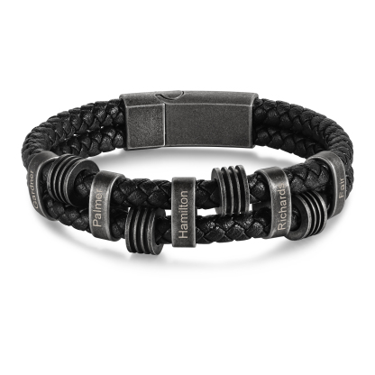 Herren Schmuck-Personalisierte 5 Namen Doppelt Geflochtenes Vintage Armband mit Edelstahl Perle für Großvater