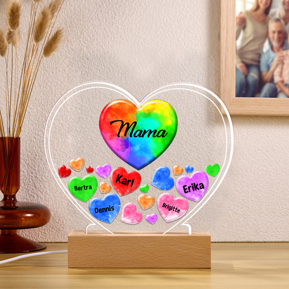 Personalisierte 1-14 Namen & Text Bunt Herz Nachtlicht Geschenk für Großmutter/Mutter zum Muttertag