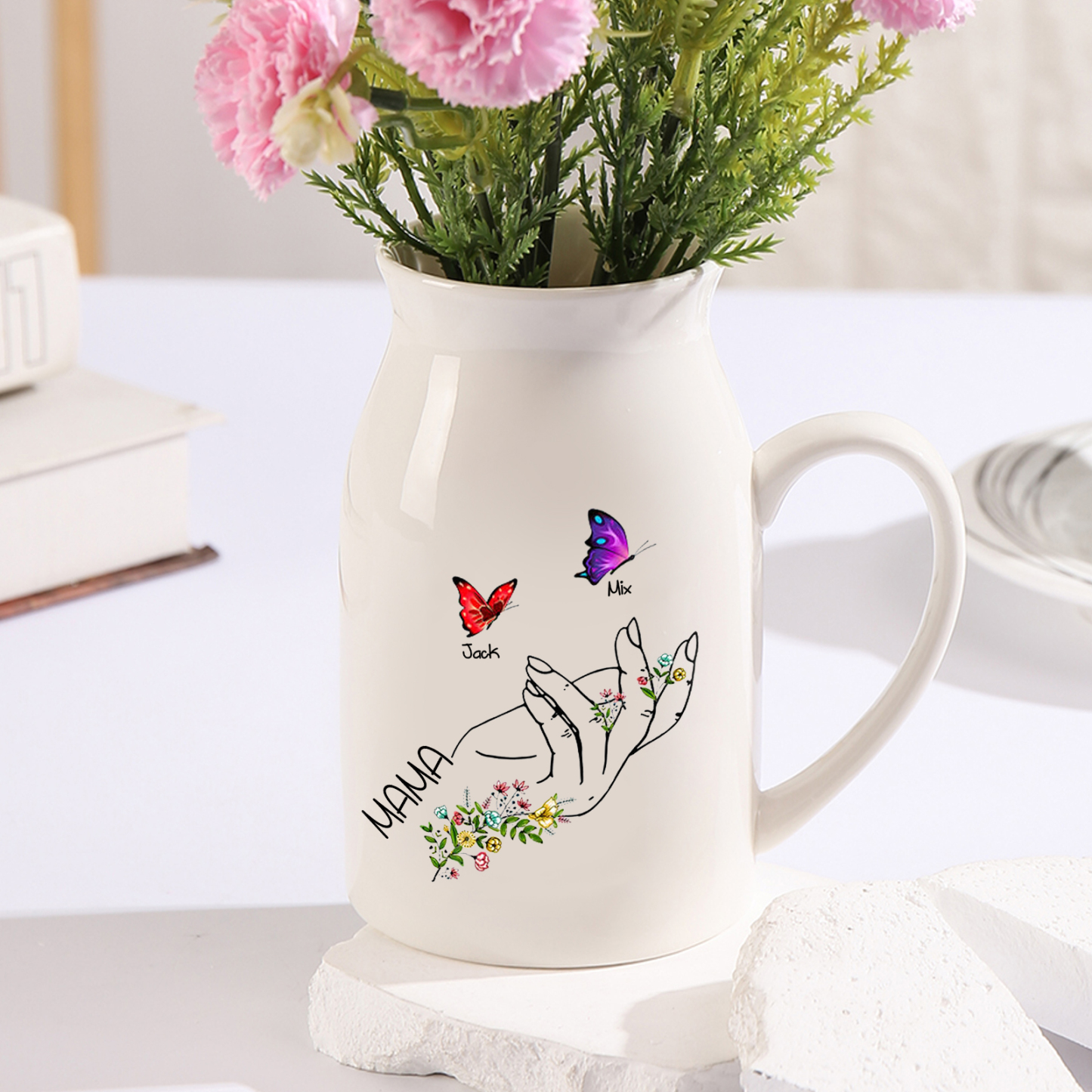 Personalisierte 2 Namen & Text Schmetterlings in der Hand Familie Vase