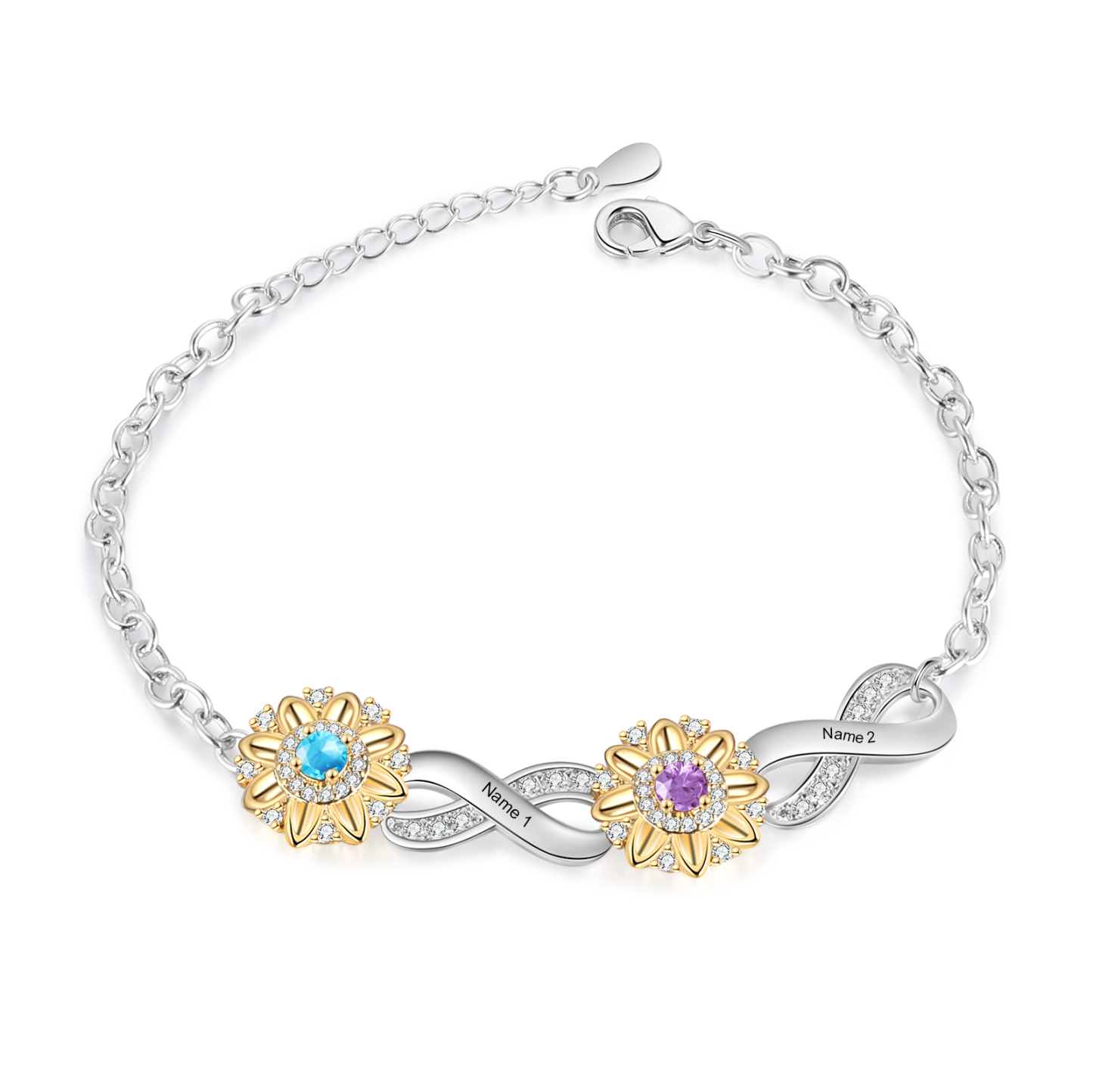 Personalisierte 2 Namen & 2 Geburtssteine Sonnenblume Infinity Armband mit Zirkonia
