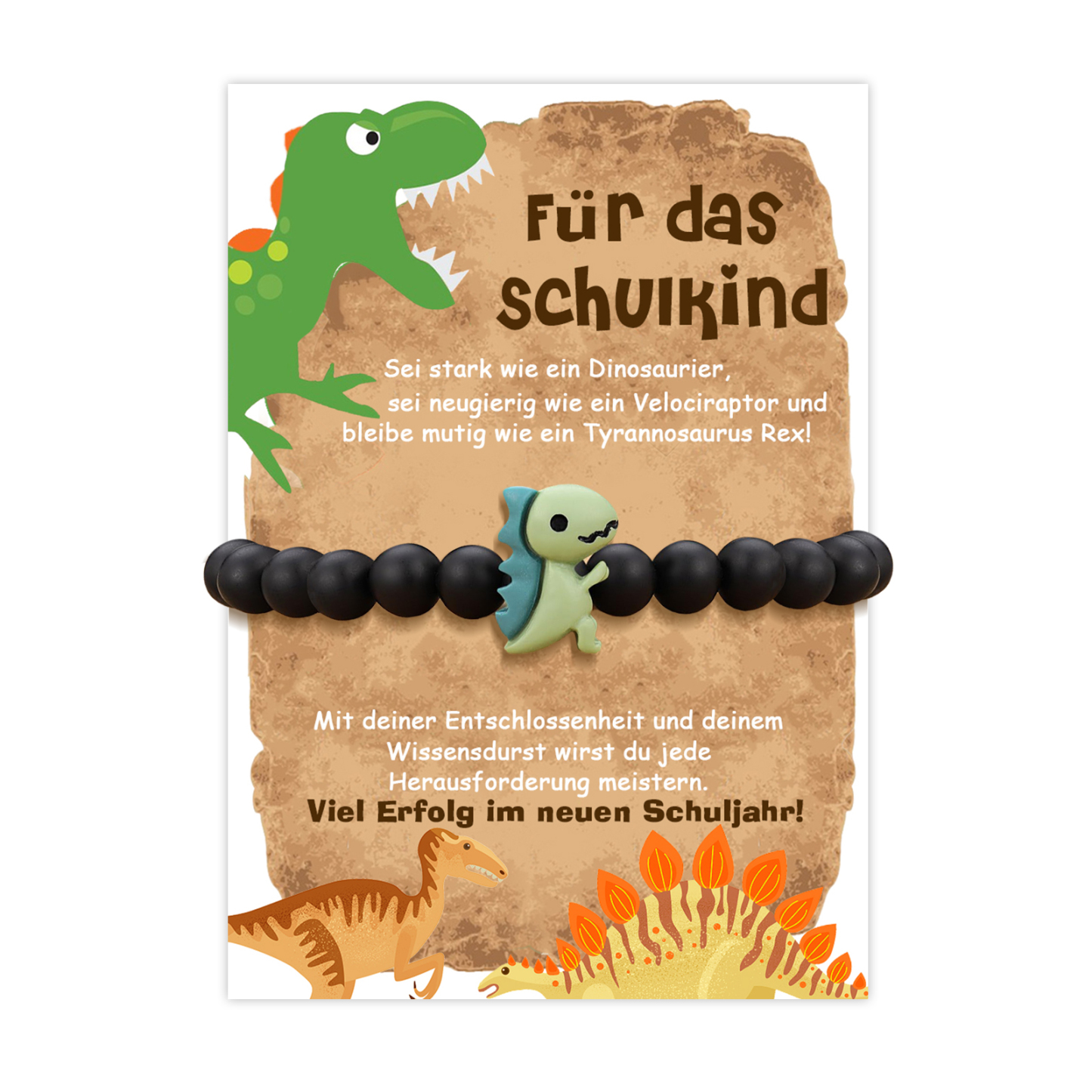 Schulanfang Geschenkset-Personalisierter Name & Datum Dino Emaille Tasse & Personalisierter Name Stifteetui & Diono Armband Set - Geschenk für Schulkind mit Geschenk Box