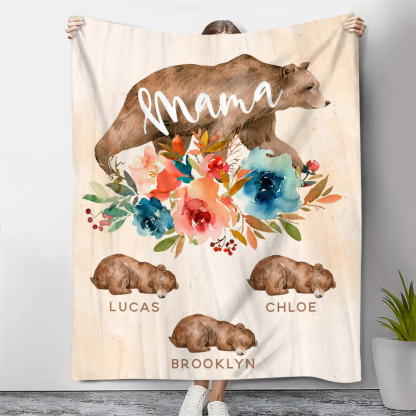 Personalisierbare 3 Namen Bunt Blume Mama Bär Decke - Geschenk für Mutter