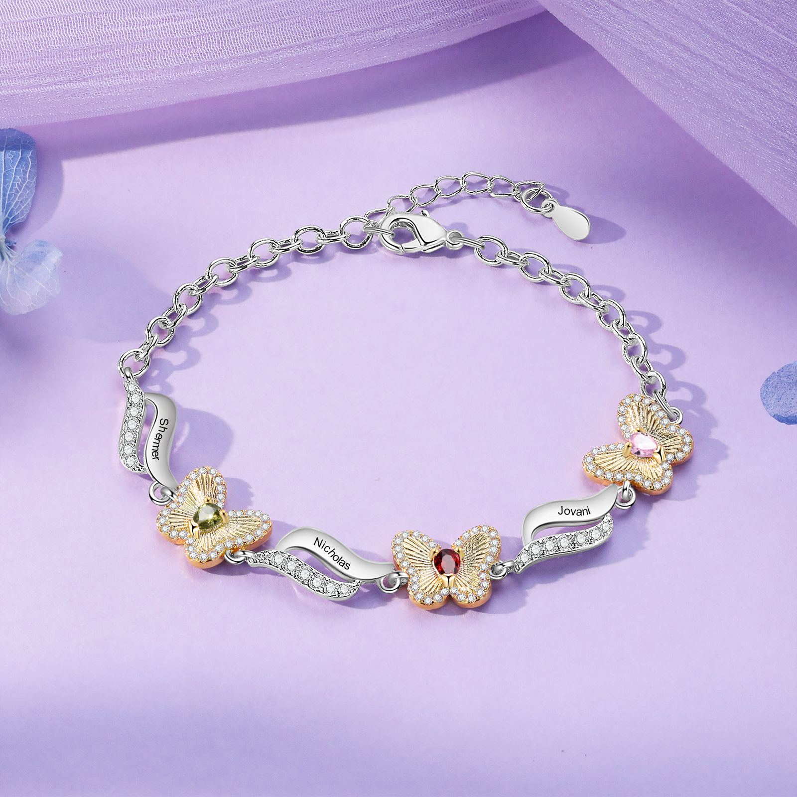 Personalisierte 3 Namen & 3 Geburtssteine Schmetterling Armband mit Zirkonia