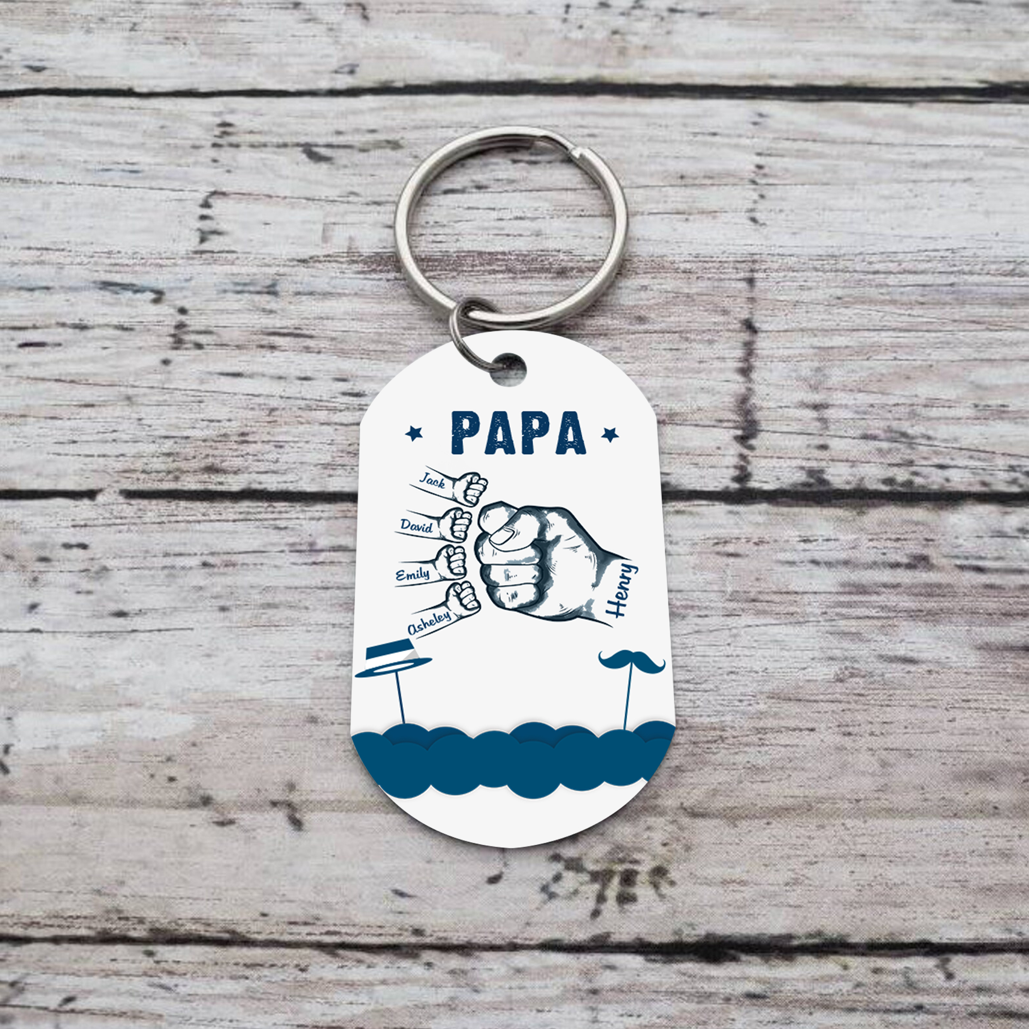 Personalisierbarer Text & 5 Namen Blau Fauststoß Metall Schlüsselanhänger-Geschenk für Vater/Großvater