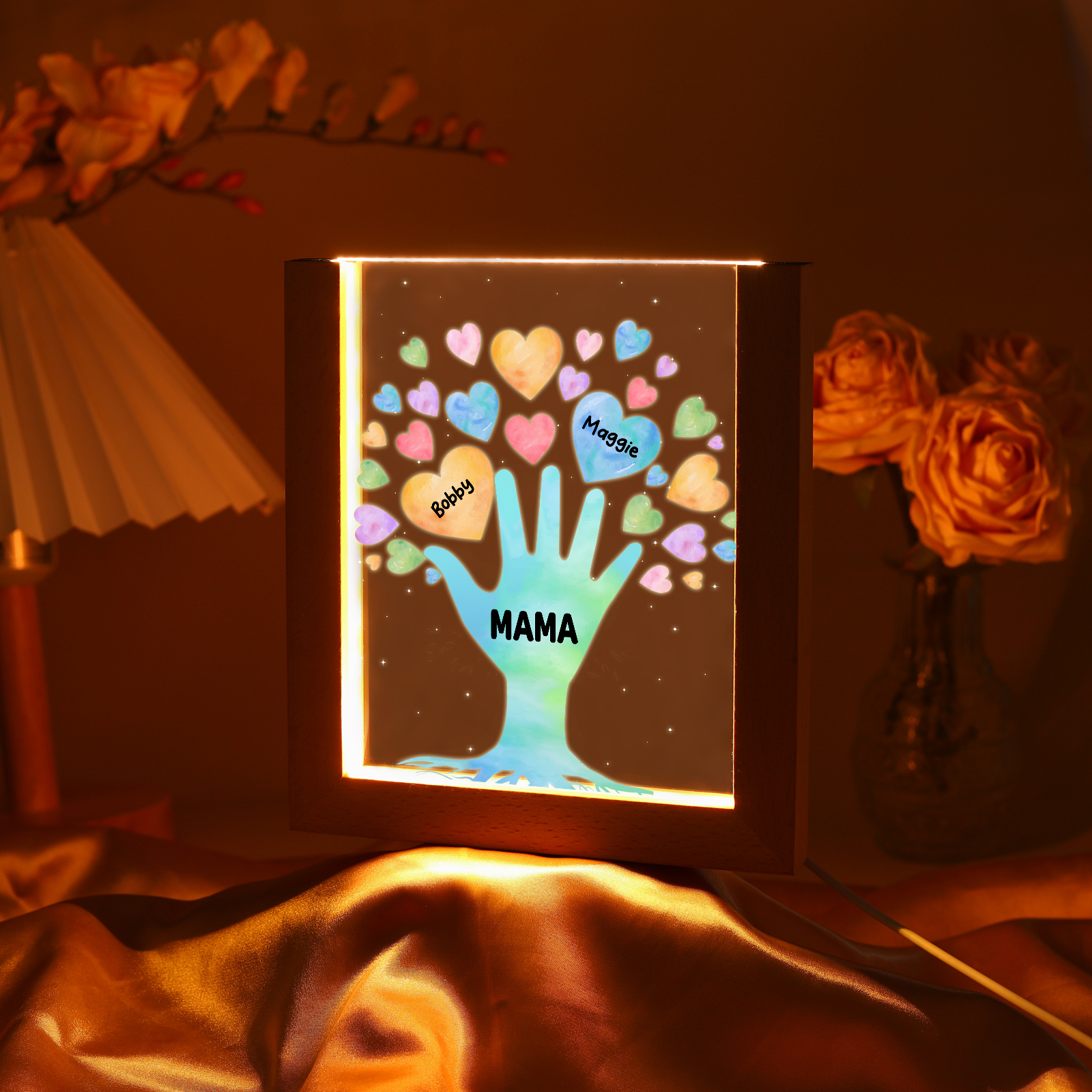 Personalisierte 2 Namen & Text Familie Hand Acryl Rahmen Nachtlicht Geschenk für Großmutter/Mutter zum Muttertag