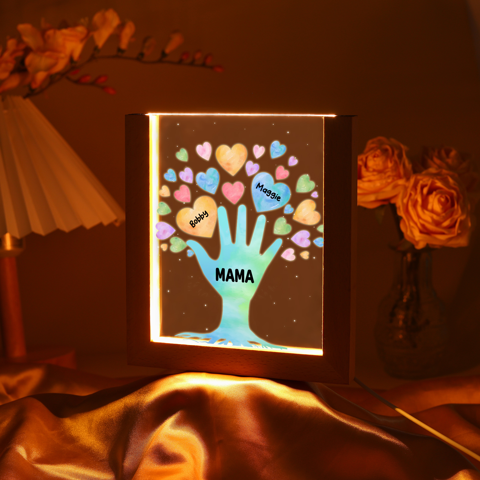 Personalisierte 2 Namen & Text Familie Hand Acryl Rahmen Nachtlicht Geschenk für Großmutter/Mutter zum Muttertag