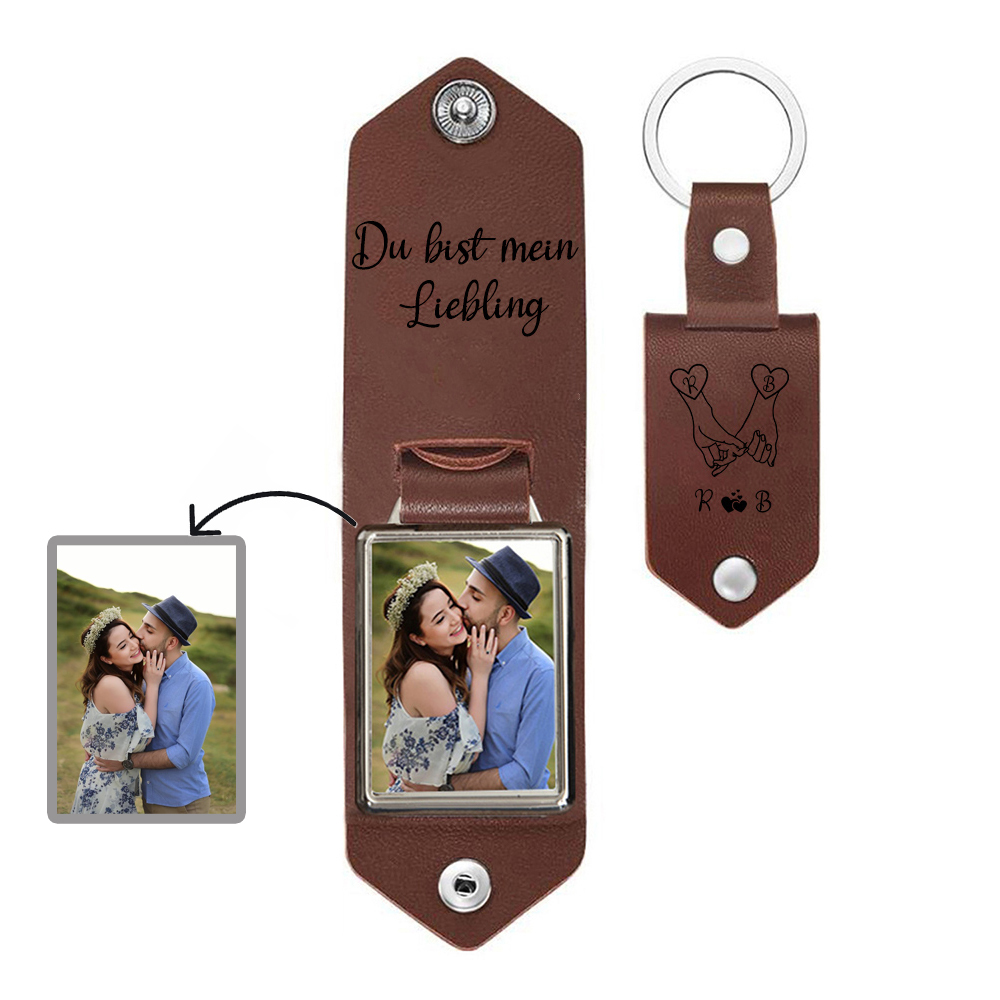Personalisiertes Foto & Text & 2 Buchstaben Leder Schlüsselanhänger für Paar