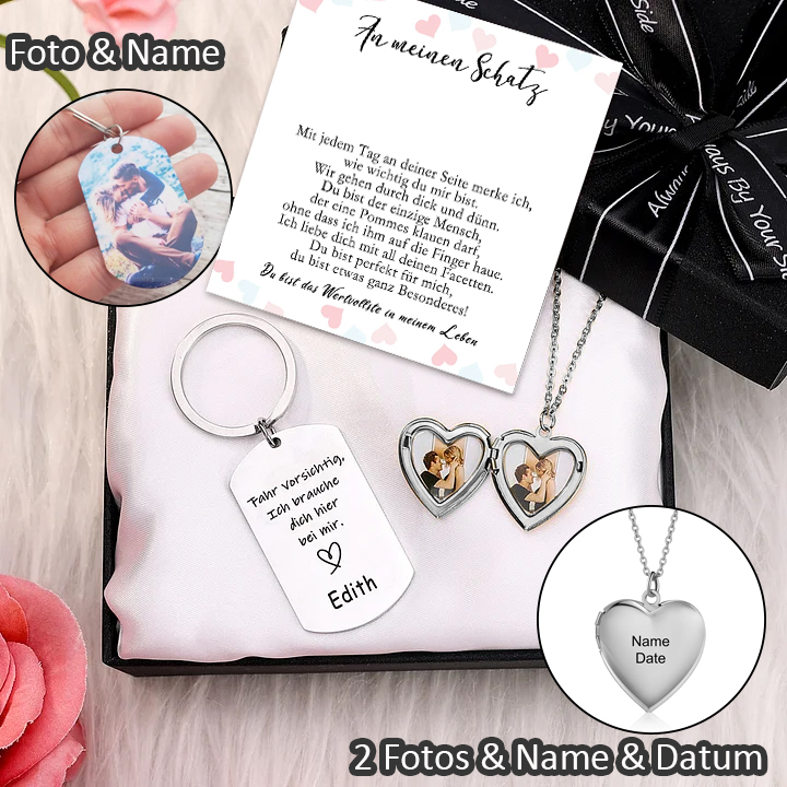 Personalisierter 1 Name & Datum & 2 Fotos Halskette & Foto & Name Schlüsselanhänger Geschenkpackung Geschenkset mit Karte für Frau Freundin