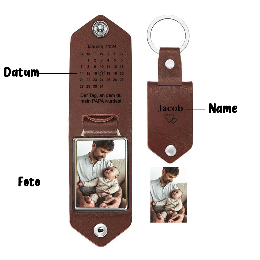 Personalisierbares Foto & Text & Datum Der Tag, an dem du mein Papa wurdest  PU Leder Schlüsselanhänger