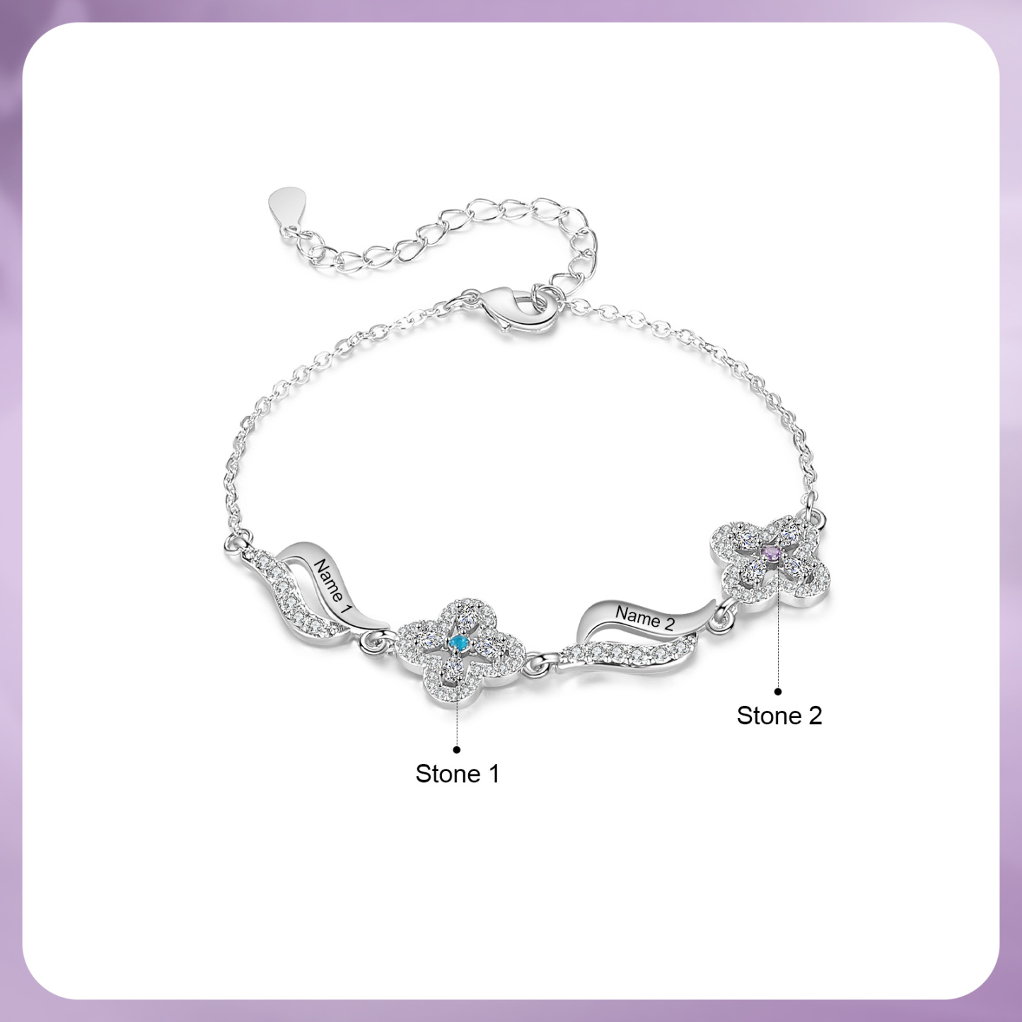 Personalisierte 2 Namen & 2 Geburtssteine Blume Welle Armband mit Zirkonia