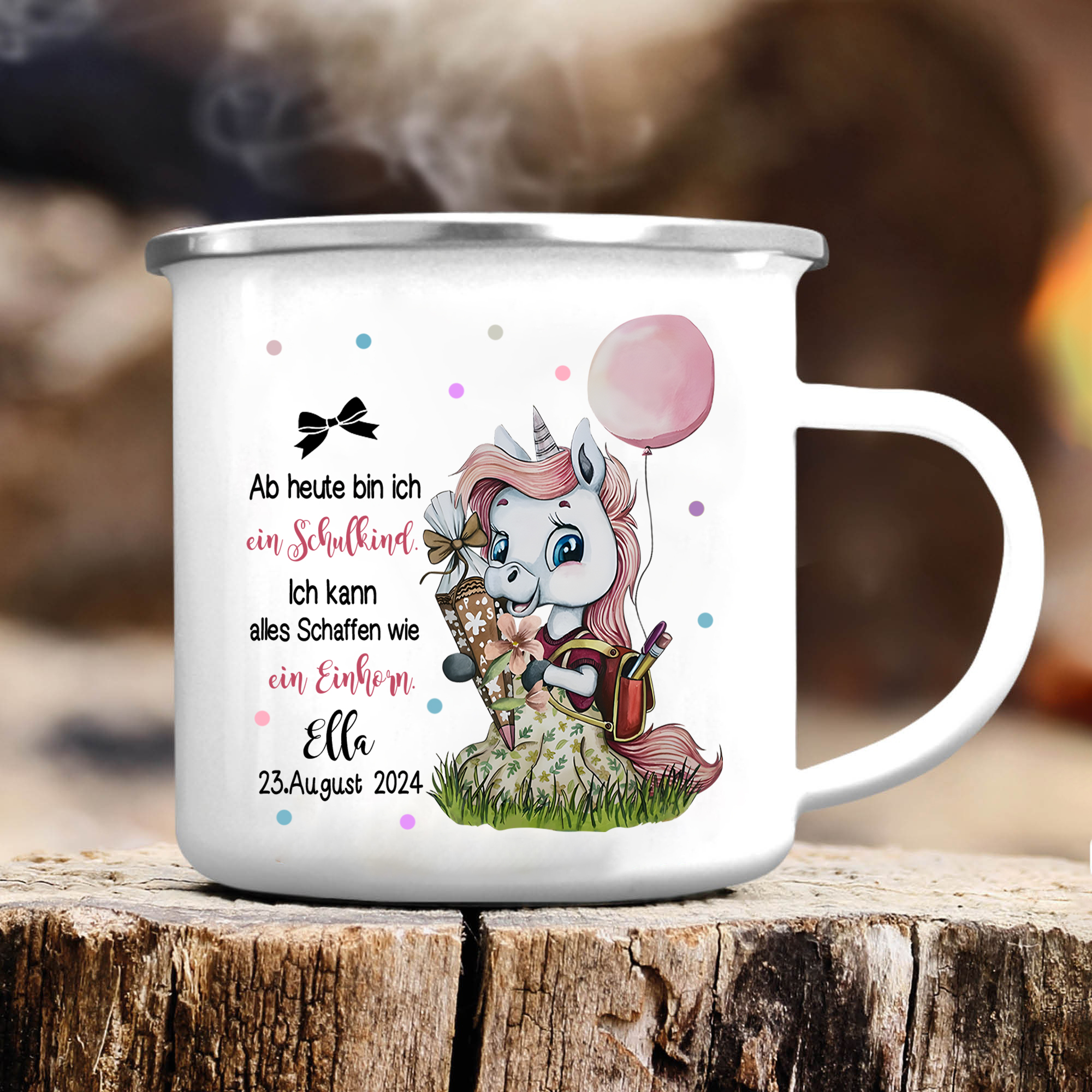 Schulanfang Geschenkset-Personalisierter Name & Datum Einhorn Emaille Tasse & Personalisierter Name Stifteetui & 3 Gummiband Armbänder Set - Geschenk für Schulkind mit Geschenk Box