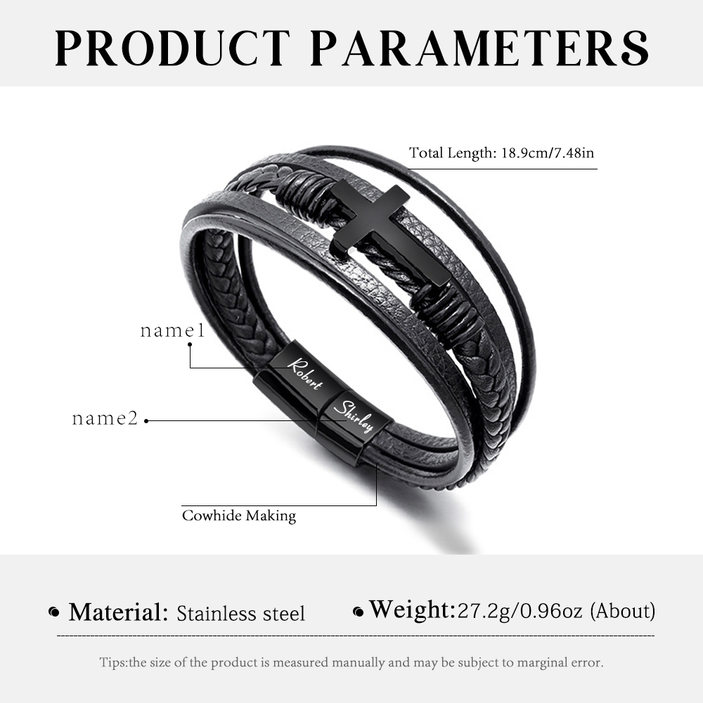 Herren Armband-Personalisiertes 2 Namen Leder Kreuz Kommunion Armband 