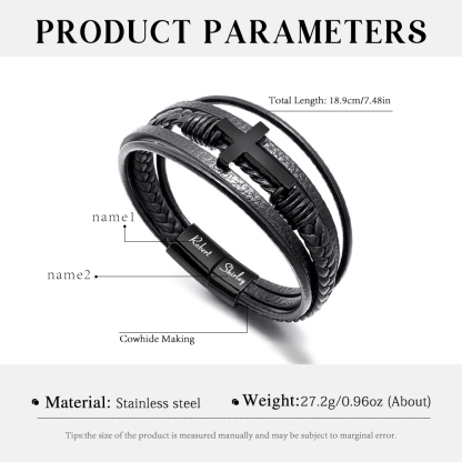 Herren Armband-Personalisiertes 2 Namen Leder Kreuz Kommunion Armband 