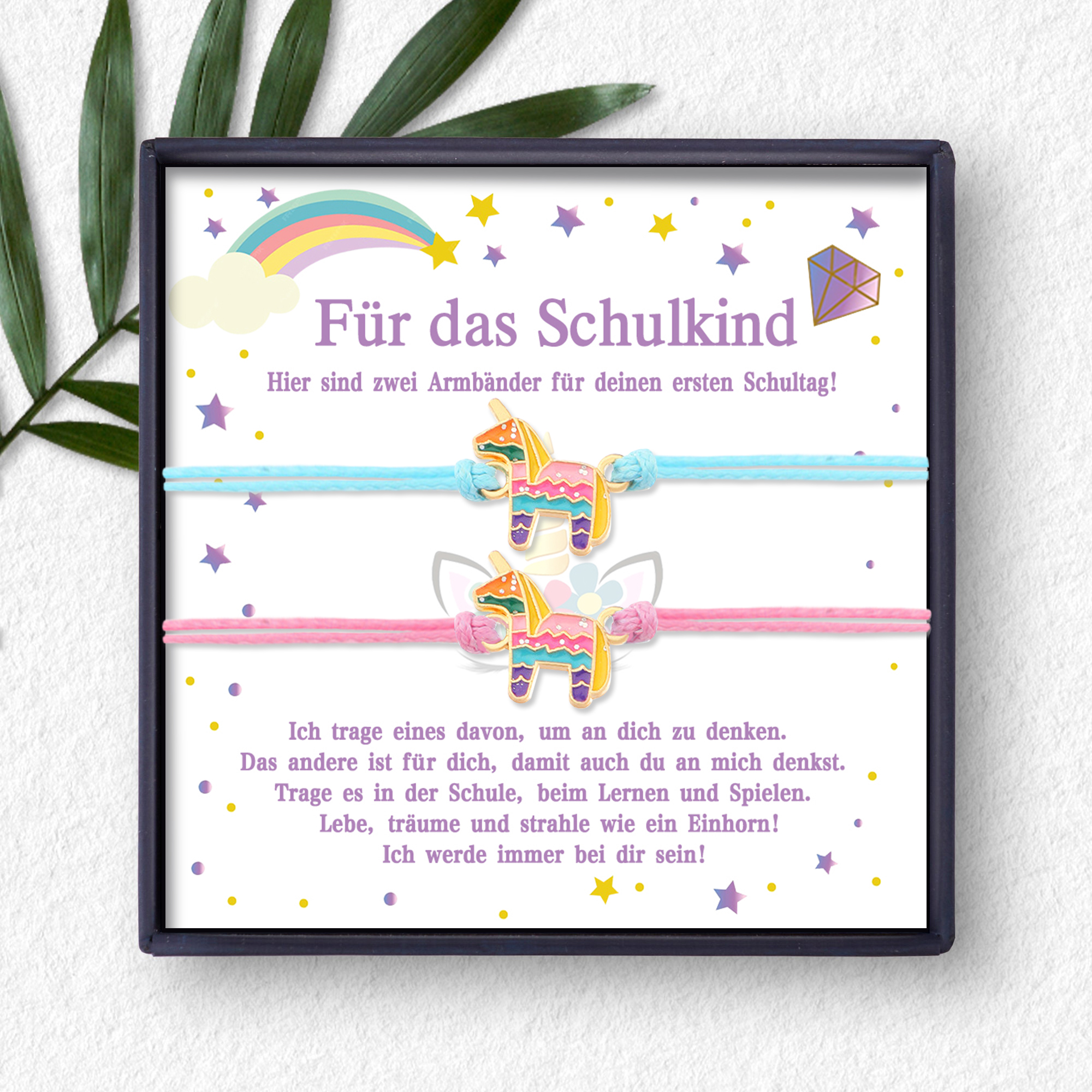 Einhorn Armbänder Set mit 2 Ketten-Für das Schulkind Lebe, träume und strahle wie ein Einhorn-Schulanfang Geschenk mit Nachrichtenkarte
