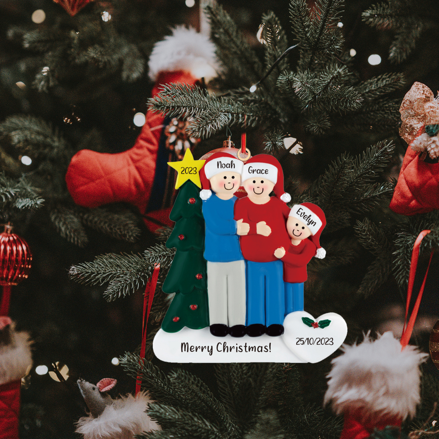 Holz Personalisierte 3 Namen & Text & Jahr & Datum Weihnachtsbaum Weihnachtsornament mit 3 Familienmitgliedern