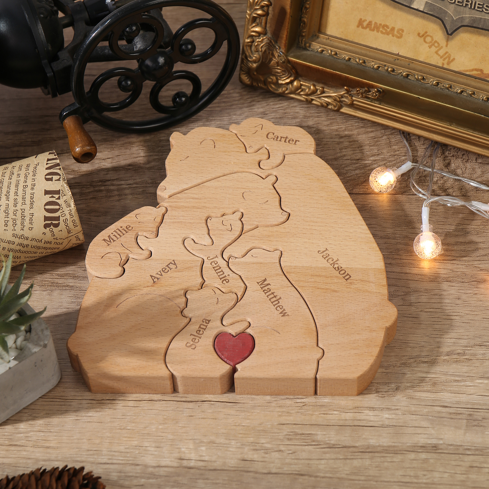 Holzskulptur-Personalisierte 7 Namen Bär Umarmung Familie Holz Deko